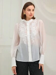 Enchnt Vrouwen kant patchwork staande kraag voorkant knoop doorschijnend lange mouw shirt