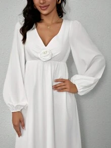 INAWLY Women's Solid V-Neck Twist Flared Sleeve Fish Tail Hem Elegant Dress - White - View 5