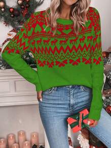 SHEIN Unity Casual Christmas Reindeer Geometric Pattern Sweater, Autumn/Winter Knit Pullover Fall - Multicolor - View 4