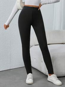SHEIN Tall Black Thermal Lined Long Slim Fit Casual Leggings For Tall Women, Winter