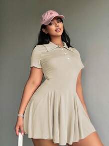 Flirla Đầm mini cổ tròn đơn giản tối giản cỡ lớn - Màu be - Xem 6