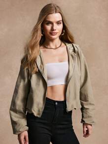 Chiquease 1pc Women's Solid Color Hooded Zip-Up Casual Long Sleeve Jacket For Holiday Party Clothes - Light Grey - View 5