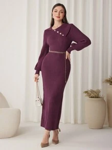 Modelyn Women Casual Collared Lantern Sleeve Dress, Minimalist & Fashionable For Everyday Wear - Red Violet - View 5