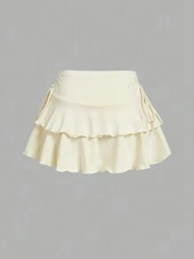 SHEIN MOD Váy suông dài đến đầu gối có dây rút đơn giản, màu trơn dành cho nữ, dáng suông, cạp chun - Màu be - Xem 2