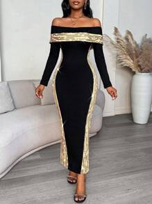 SHEIN Clasi Damen Farbblock Pailletten Off-Shoulder Langarm Figurbetontes Elegantes Midi Kleid Maxi Damen Outfit - Schwarz - Übersicht 1