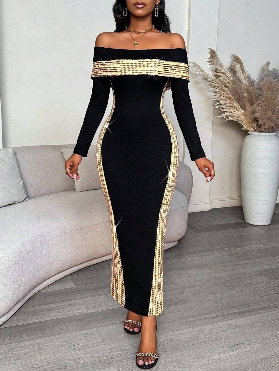SHEIN Clasi Damen Farbblock Pailletten Off-Shoulder Langarm Figurbetontes Elegantes Midi Kleid Maxi Damen Outfit - Schwarz - Übersicht 1