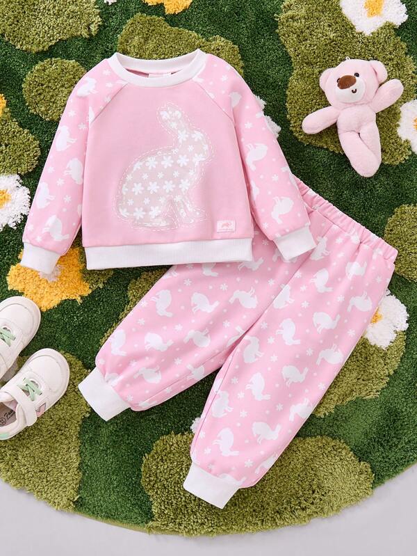 Animal Planet X SHEIN Baby Girl Pink Rabbit Ditsy Floral Color Block Patchwork Raglan Sleeve Knit Sweatshirt & Sweatpants Set For Autumn/Winter
