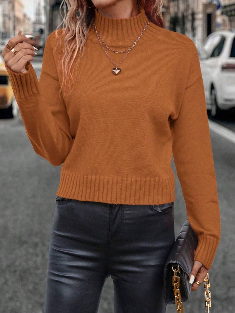 SHEIN Clasi Solid Color Stand Collar Casual Versatile Long Sleeve Pullover Sweater - Rust Brown - View 1