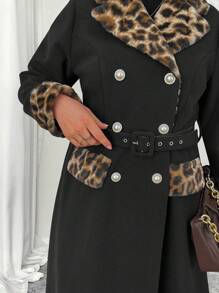 Celure Plus Size Vrouwen Luipaard Print Patchwork Parel Gesp Taille Riem Elegante Herfst/Winter Jas