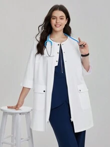 TaskEZ Plus Size Women's Solid Color Round Neck 3/4 Sleeve Utility Pocket Casual /Nursing Uniform Jacket  Laboratory Coat/White Coat Women's Solid Color Flat Collar Button Front Long Sleeve Pockets Regular Jacket, Lab Coats Set Scrub Set Nurse Dresses Scrub Tops Scrub Bottoms Lab Coats Scrub Outwear