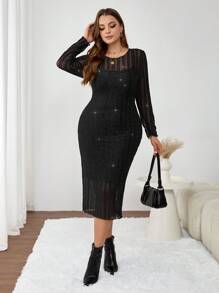 SHEIN Frenchy 2 件大码优雅纯色连衣裙套装，适合派对、活动和约会 - 黑色 - 查看 7