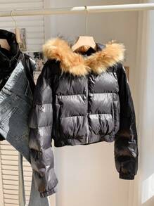 SHEIN Tween Girls 纯黑色冬季拼布蓬松连帽短款黑色棉服外套，秋冬思考者 - 黑色 - 查看 2