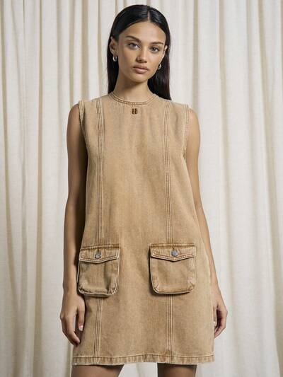 AiiRZ Westlicher gewaschener Denim-Cargo-Penny-Kleid mit Tasche Detail