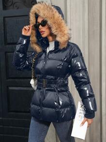 SHEIN Clasi Women's Shiny Cinched Waist Long Sleeve Hooded Padded Padded Coat With Fluffy Collar, Winter Clothes