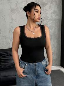 SHEIN EZwear Plus Size Women Lace Patchwork Crew Neck Sleeveless Tank Top, Autumn/Winter