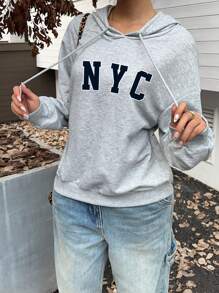SHEIN EZwear Áo hoodie rộng rãi in họa tiết NYC đơn giản giản dị dành cho nữ - Màu Xám nhạt - Xem 5