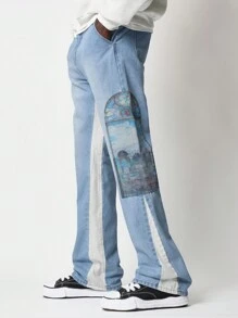 SUMWON Artistically Embellished Flared Jeans Stained Glass Print Denim Color Block Wide Leg Statement Pants Festival Concert Party Wear Unique Pattern - Light Wash - View 2