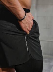 Manfinity Fitness Men's Letter Print Patch Pocket Athletic Shorts For Summer