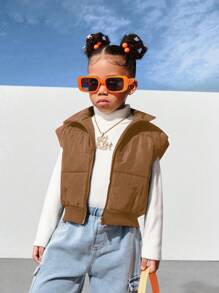 SHEIN Explorewe Áo ba lỗ crop top không tay, dáng rộng thoải mái, khóa kéo cho bé gái, phong cách đường phố sang trọng, tối giản - màu nâu - Xem 6