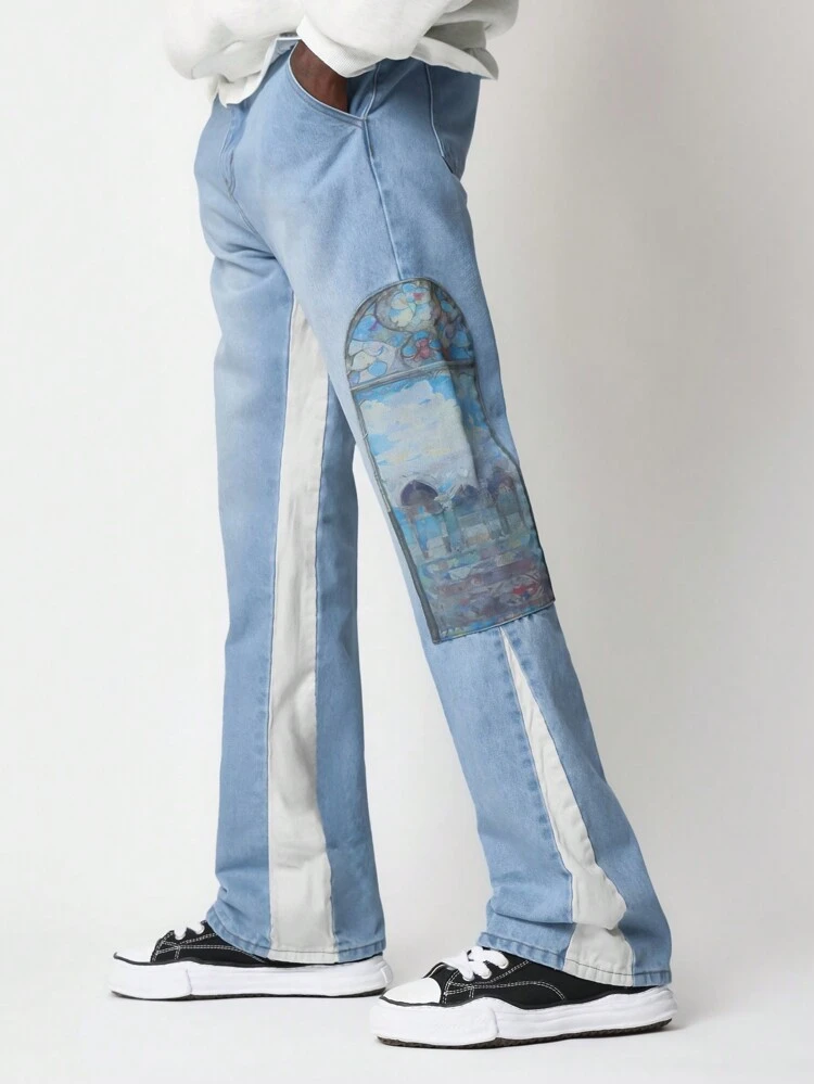 Jean évasé imprimé vitrail avec motif color block