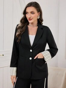 Modelyn Women Solid Color Woven Jacket With Black & White Striped Panels, Autumn/Winter