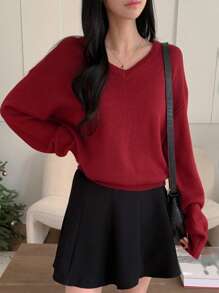 DAZY 女士纯色 V 领优雅通勤长袖套头毛衣，秋季新品，圣诞节，新年 - 紅色 - 查看 8