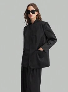 Ontre Black Round Neck Button Design Women's Business Casual Suit Jacket, Long Sleeve Black Outerwear For Autumn/Winter, Back To School - Black - View 3