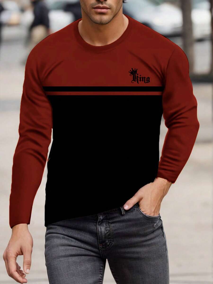 Manfinity Homme Top de manga larga con cuello de pico, estilo minimalista, con parche con estampado de letras para hombres