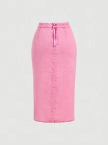 SHEIN MOD Women's Solid Color Pleated Knot Button Zip Denim A-Line Skirt