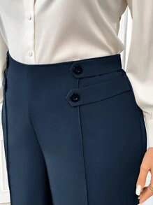 Firerie Pantalones rectos elegantes de pierna en forma de palillo con diseño de botón en la cintura para mujeres de talla grande de un solo color