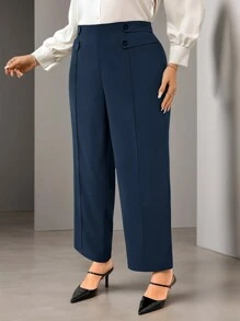 Firerie Pantalones rectos elegantes de pierna en forma de palillo con diseño de botón en la cintura para mujeres de talla grande de un solo color