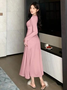 DAZY Women Slim Fit V-Neck Hollow Out Design Long Sleeve Casual Dress