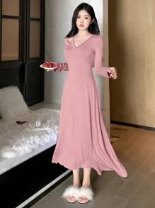 DAZY Women Slim Fit V-Neck Hollow Out Design Long Sleeve Casual Dress