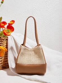 SHEIN VCAY Bolso de hombro casual tipo tote de paja y piel sintética en diseño de patchwork para mujeres - Marrón - Ver 1
