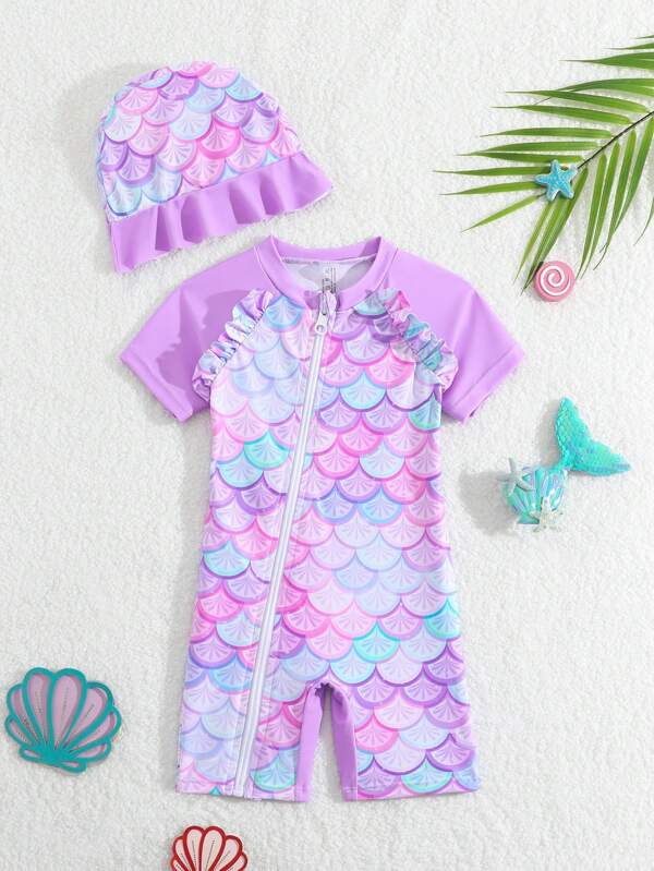 Baby Girl Mermaid Scale Print Splicing Ruffle Trim Sleeveless Rompershort Swimsuit
