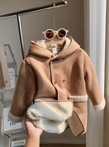 SHEIN Young Boy Loose Fit Hooded Woolen Jacket With Double-Breasted Button, Suitable For School, Autumn/Winter Fall