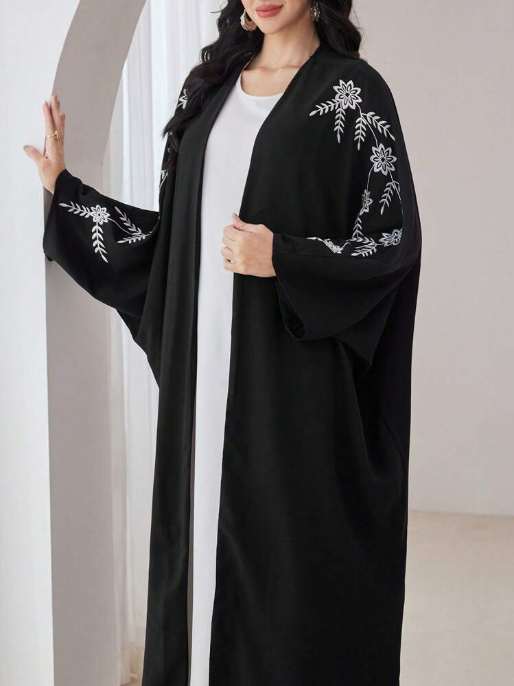 عبايه طويلة الأكمام مطرزة بزهور أنيقة قطعة واحدة، جلابيات بسيطة موديسة مفتوحة، للاستخدام اليومي والحفلات