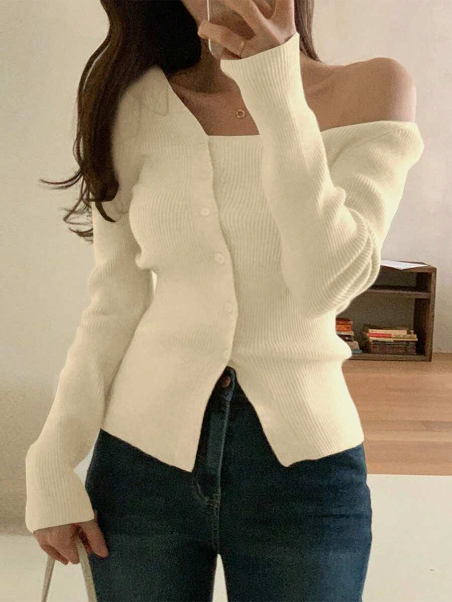 DAZY Women's Casual Solid Color Front Button Oblique Shoulder Cardigan, Spring/Autumn,Long Sleeve Tops,Fall Women Clothes - Apricot - View 1
