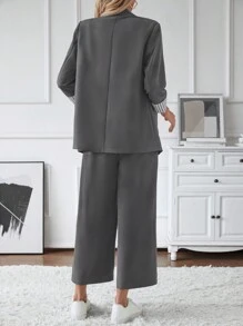 SHEIN Tall Elegante conjunto de traje formal de manga larga con bloque de color para damas - Gris - Ver 2