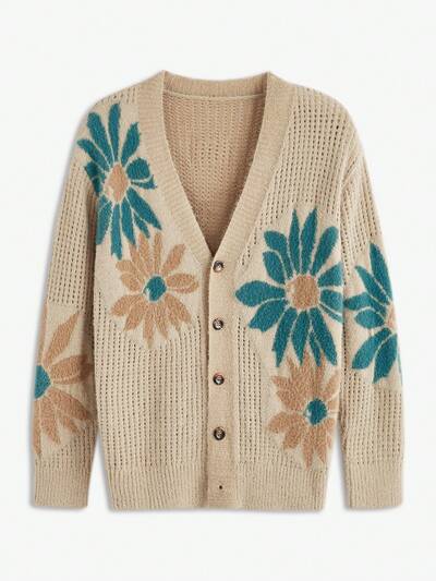 Men's Loose Dropped Shoulder Floral Pattern V-Neck Cardigan, Distressed Fluffy Rib Knit Fabric, Camel, Khaki, Yellow, For Fall Winter