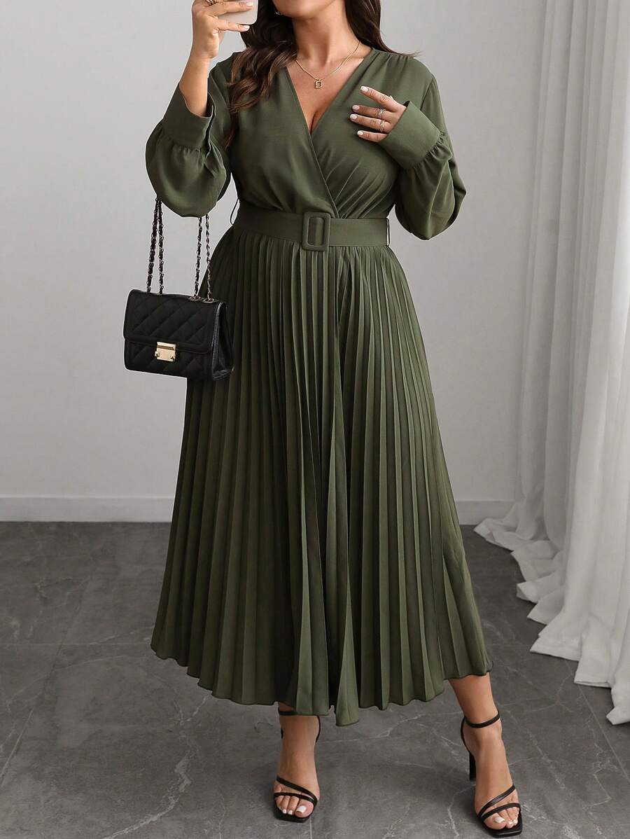 Rometta 大码女式 V 领纯色 A 字长袖连衣裙，优雅办公休闲，配腰带，适合春秋冬季，女装 - 綠色 - 查看 1