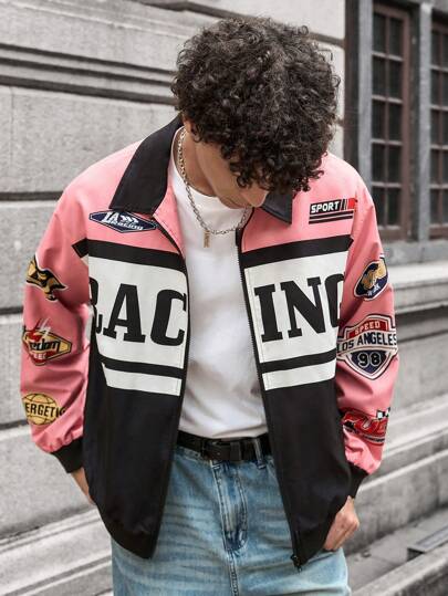 Manfinity RebelGame Men's Woven Casual Loose Fit Long Sleeve Open Front Jacket, Urban Zipper Fashion Colorful Graphic Jacket, For Friends, Husband, Boyfriend Gifts, For Fall Winter