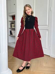 SHEIN Leap Crew Tween Girls Mock Neck Leg-Of-Mutton Sleeve Houndstooth Print Gigot Sleeve Dress - Burgundy - View 1