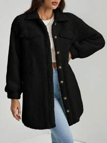 SHEIN Tall Casaco Teddy com detalhe de aba e ombro caído para outono/inverno - Preto - Ver 4
