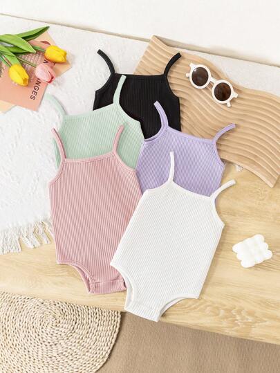 SHEIN LMoss Kids LMoss 5件套女婴可爱简约纯色针织连体衣，适合夏季