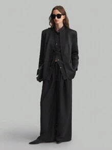 Ontre Black Round Neck Button Design Women's Business Casual Suit Jacket, Long Sleeve Black Outerwear For Autumn/Winter, Back To School - Black - View 1
