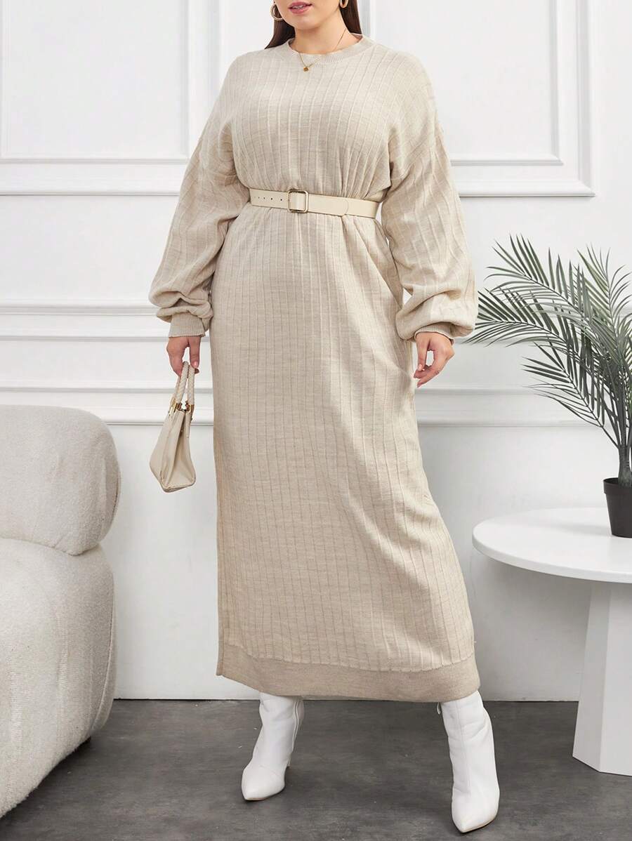 EURMUSE Casual Rib Knit Maxi Long Sleeve Crew Neck Sweater Dress - Beige - View 1