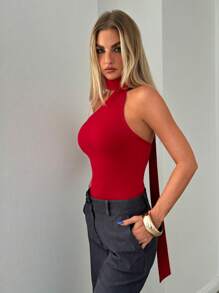 Aloruh Women's Fashion Red Sleeveless Bodysuit For Fall/Winter Cute Outfits Date Prom Party Dinner Travel Holiday Wedding Birthday Festival Sorority Christmas New Years Business Casual Chic Edgy Sexy Modern Young Hot Elegant And Ladylike Backless Red Tie Neck