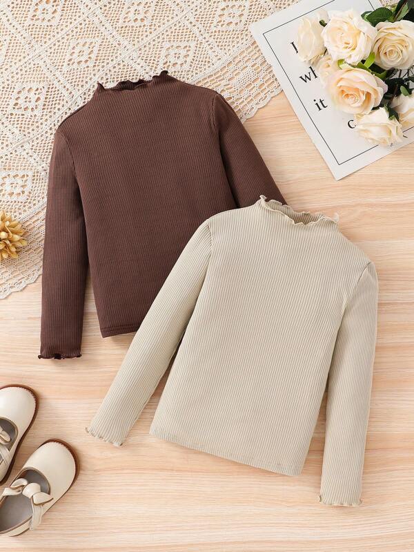 Young Girl Cheapest Buy 1 Get 1 Free 2 Pieces/Set Casual Basic All-Match Wave Trim Stand Collar Long Sleeve Solid Color Top 2pcs/Set,Autumn And Winter,Great For Casual & Daily Wear & School Daily,College Style, Back-To-School,Party