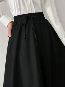 Modelyn 女士纯色系带半身裙，秋冬复古优雅风格，完美适用于商务/工作/鸡尾酒会/婚礼/日常/毕业典礼等场合。女士长裙 - 黑色 - 查看 6